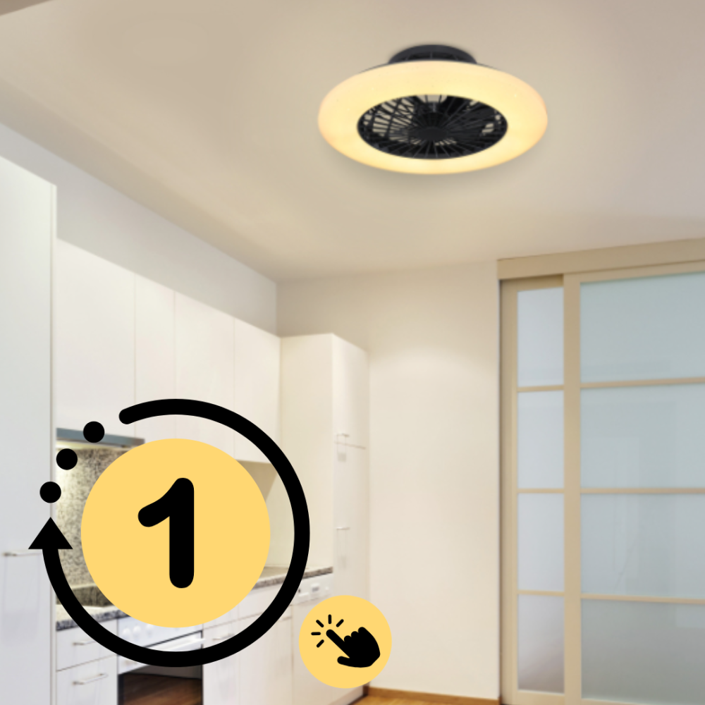 Moderný biely stropný ventilátor v kuchyni – ideálne riešenie pre cirkuláciu vzduchu a chladenie.