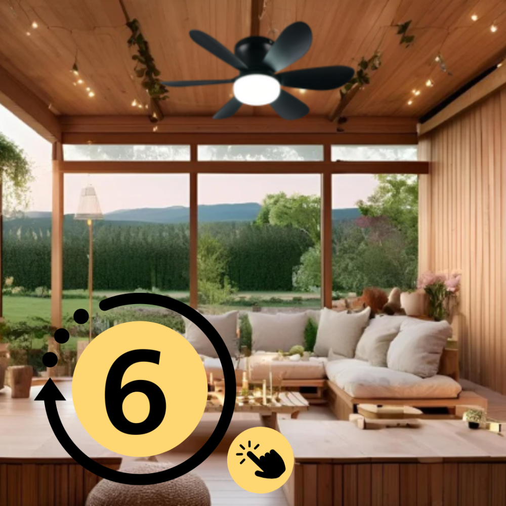 Stropný ventilátor na maximálnej 6. rýchlosti – výkonný prúd vzduchu pre okamžité vetranie a osvieženie veľkých priestorov.