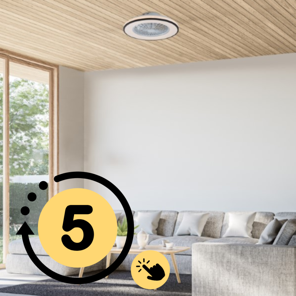 Stropný ventilátor na 5. rýchlostnom stupni – silný prúd vzduchu pre rýchle ochladenie a intenzívnu cirkuláciu v miestnosti.