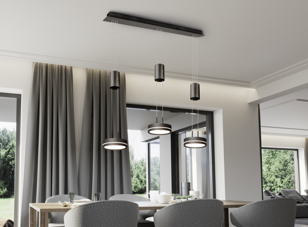 Trio Franklin antracitové závesné LED svietidlo 3-svetlové SwitchDimmer