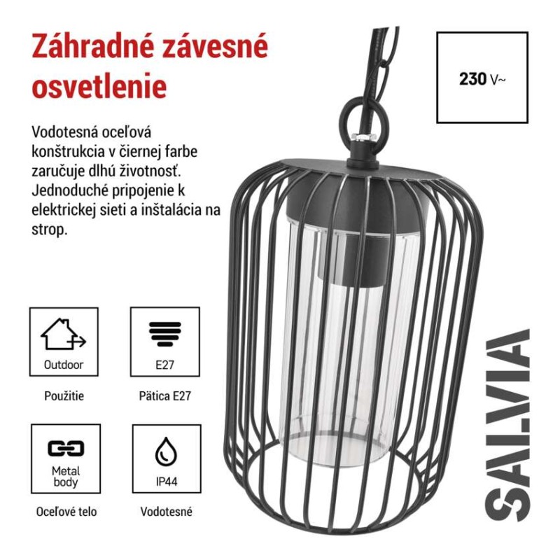 EMOS ZGD070P SALVIA závěsné exteriérové ​​svítidlo E27 160 × 160 × 760  IP44 černá