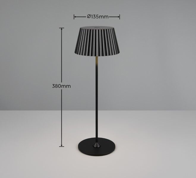 TRIO Reality R57706132 SUAREZ venkovní stolní lampa SMD LED V390mm 1,5W/200lm 3000K IP44 černámatná, nabíjecí baterie, USB-C port, nabíjecí stanice, ON/OFF