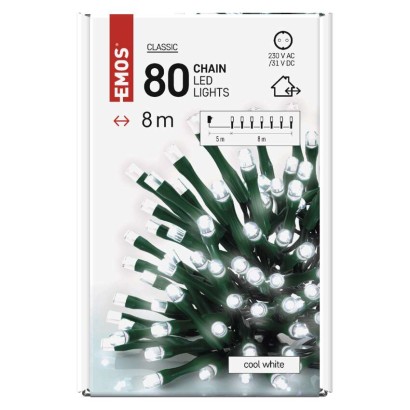 D4AC02 EMOS CLASSIC vánoční řetěz 80 LED 8m zelený drát, časovač, studená bílá, IP44