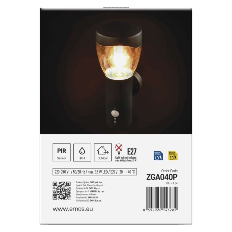 Emos ZGA040P ARTEO venkovní nástěnné svítidlo E27 164 × 120 × 295 mm  IP44 se senzorem antracit