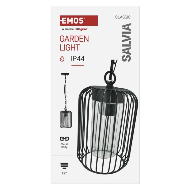 EMOS ZGD070P SALVIA závěsné exteriérové ​​svítidlo E27 160 × 160 × 760  IP44 černá
