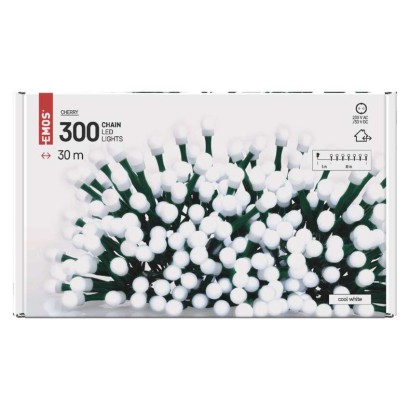 D5AC04 EMOS CHERRY vánoční řetěz Cherry 300 LED, zelený drát, 30m, časovač, studená bílá, IP44