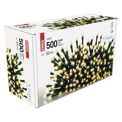 D4AW06 EMOS CLASSIC vánoční řetěz 500 LED, zelený drát, 50m, časovač, teplá bílá, IP44