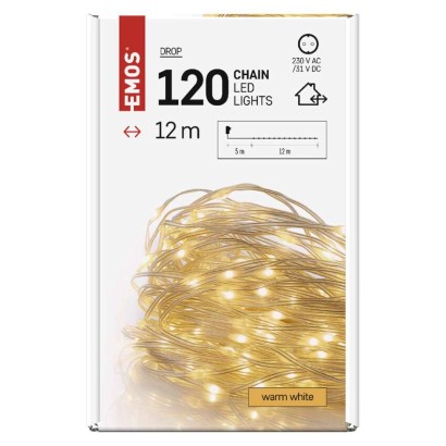 D3AW15 EMOS DROP vánoční řetěz 120 LED 12m teplá bílá, časovač, IP44