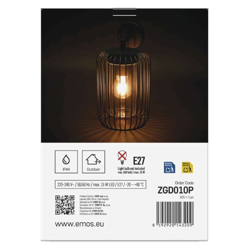 Emos ZGD010P SALVIA venkovní nástěnné svítidlo E27 208 × 160 × 285 mm  IP44 černá