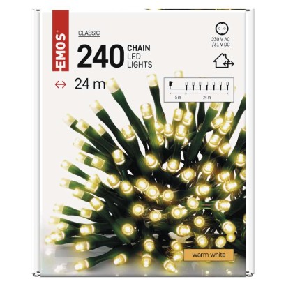 D4AW05 EMOS CLASSIC vánoční řetěz 240 LED, zelený drát, 24m, časovač, teplá bílá, IP44