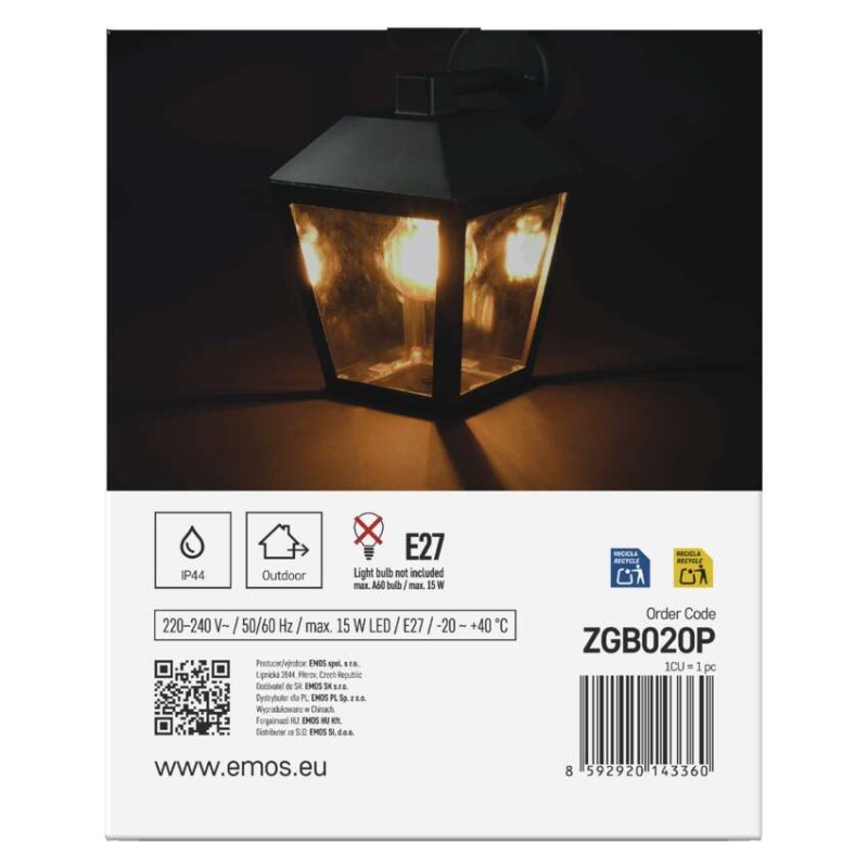 Emos ZGB020P ADENIA venkovní nástěnné svítidlo E27 180 × 150 × 245 mm  IP44 černá