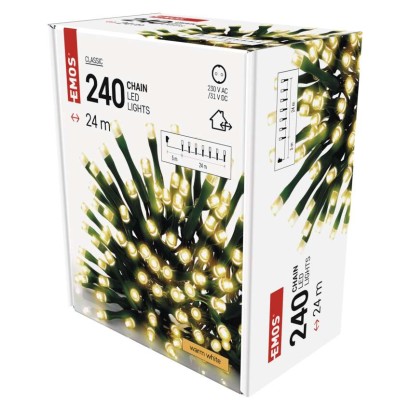 D4AW05 EMOS CLASSIC vánoční řetěz 240 LED, zelený drát, 24m, časovač, teplá bílá, IP44