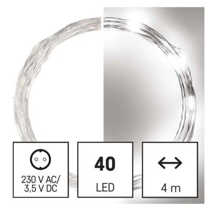 D3AC02 EMOS NANO Vianočná reťaz 40 LED, strieborný drôt, 4m, časovač, studená biela, IP44