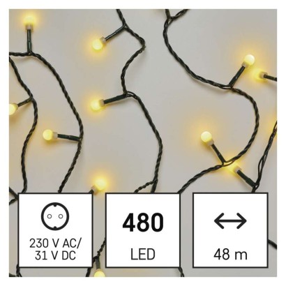 D5AW05 EMOS CHERRY Vianočná reťaz Cherry guľôčky 480 LED, zelený drôt, 48m, časovač, teplá biela, IP44