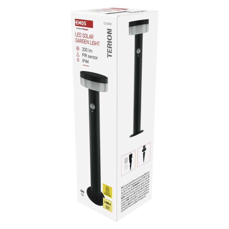 EMOS ZGJ0B4S TERION solární venkovní stojanové svítidlo/sloupek LED 125 × 125 × 500 2W 200lm 3000K IP44 se senzorem antracit