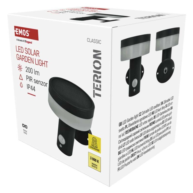 EMOS ZGJ044S TERION solárne nástenné exteriérové svietidlo LED 147 × 125 × 146 2W 200lm 3000K IP44 so senzorom antracit