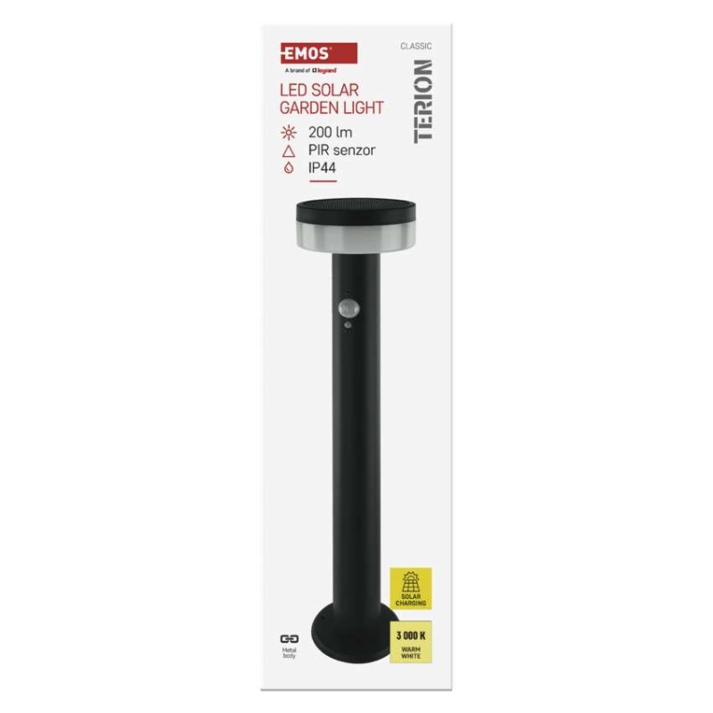EMOS ZGJ0B4S TERION solární venkovní stojanové svítidlo/sloupek LED 125 × 125 × 500 2W 200lm 3000K IP44 se senzorem antracit