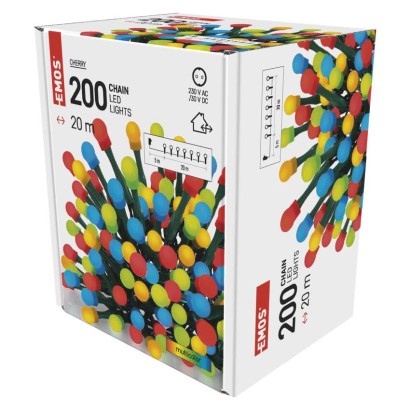 D5AM03 EMOS CHERRY vánoční řetěz Cherry 200 LED, zelený drát, 20m, časovač, multicolor, IP44