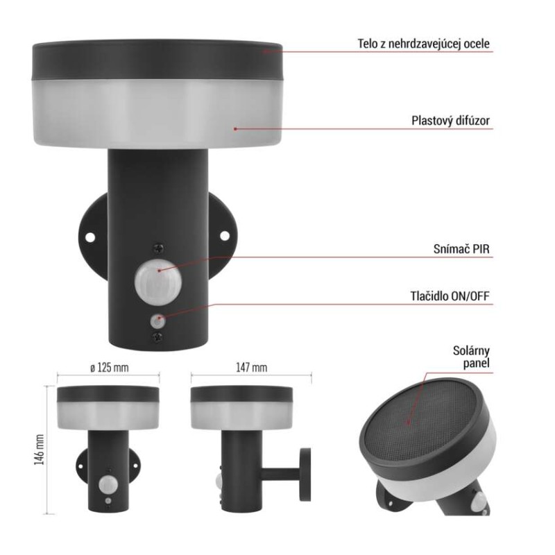 EMOS ZGJ044S TERION solárne nástenné exteriérové svietidlo LED 147 × 125 × 146 2W 200lm 3000K IP44 so senzorom antracit