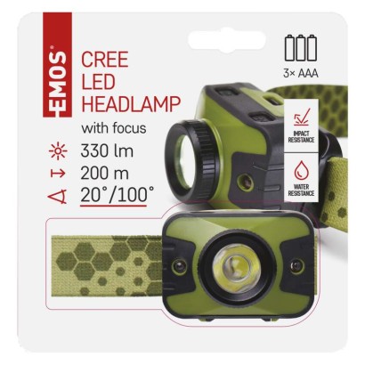EMOS P3539 LED čelovka 330lm 3× AAA IP43 zeleno-černá
