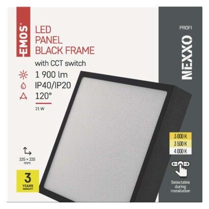 Emos ZM6343 LED NEXXO stropní/nástěnné přisazené klasické svítidlo čtverec 225 × 225 × 42 mm 21W 1900lm 3000/3500/4000K černá