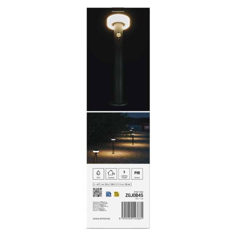 EMOS ZGJ0B4S TERION solární venkovní stojanové svítidlo/sloupek LED 125 × 125 × 500 2W 200lm 3000K IP44 se senzorem antracit