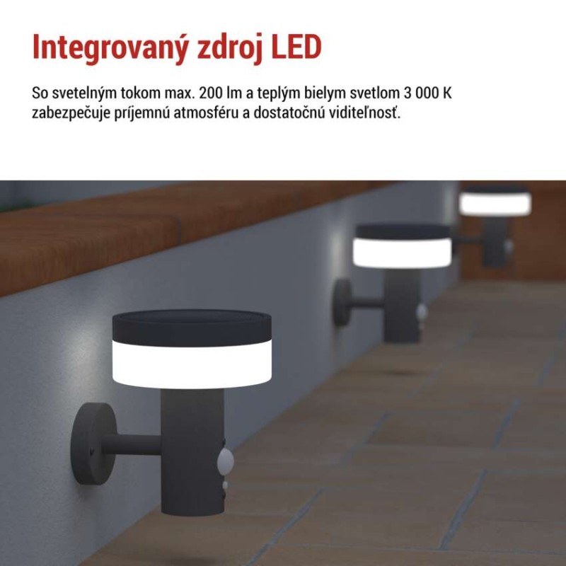 EMOS ZGJ044S TERION solárne nástenné exteriérové svietidlo LED 147 × 125 × 146 2W 200lm 3000K IP44 so senzorom antracit