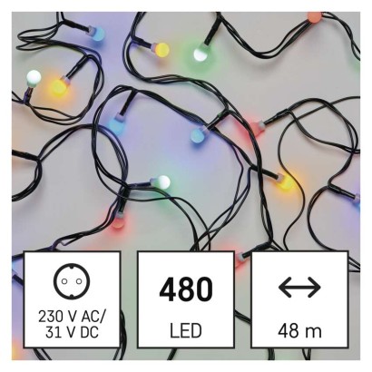 D5AM07 EMOS CHERRY Vianočná reťaz Cherry guľôčky 480 LED, 48m, zelený drôt, časovač, multicolor IP44