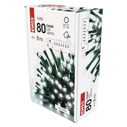D4AC02 EMOS CLASSIC vánoční řetěz 80 LED 8m zelený drát, časovač, studená bílá, IP44