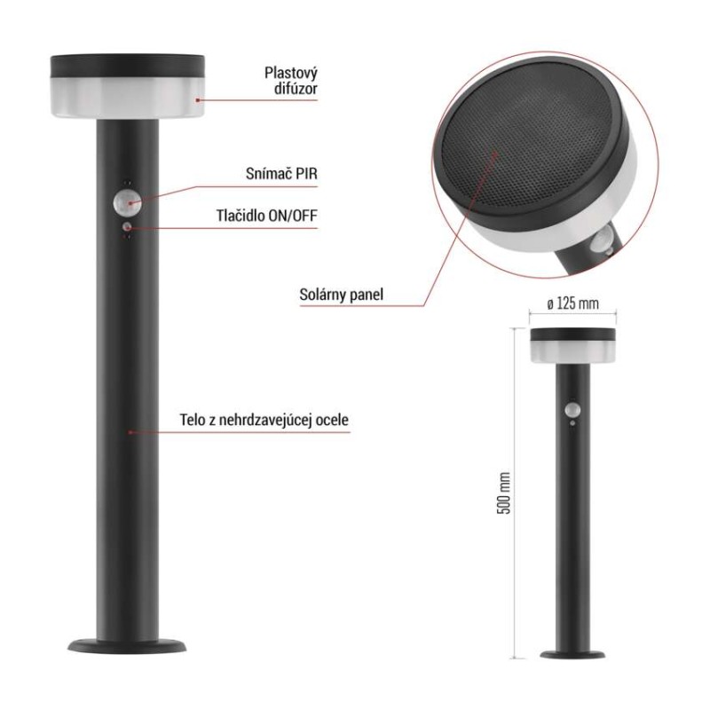 EMOS ZGJ0B4S TERION solární venkovní stojanové svítidlo/sloupek LED 125 × 125 × 500 2W 200lm 3000K IP44 se senzorem antracit