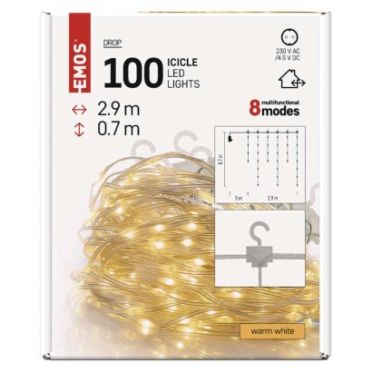 D3CW02 EMOS DROP dekorační řetěz - rampouchy 100 LED 2,9m teplá bílá, 8 módů, IP44