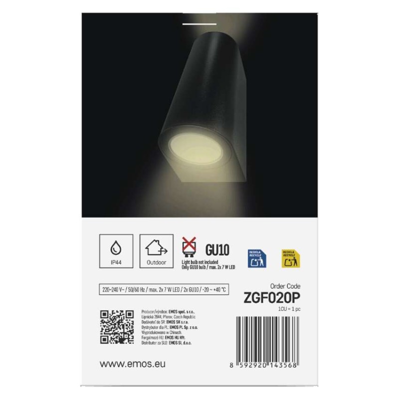 Emos ZGF020P OCULUS venkovní nástěnné svítidlo 2xGU10 88 × 67 × 153 mm  IP44 černá