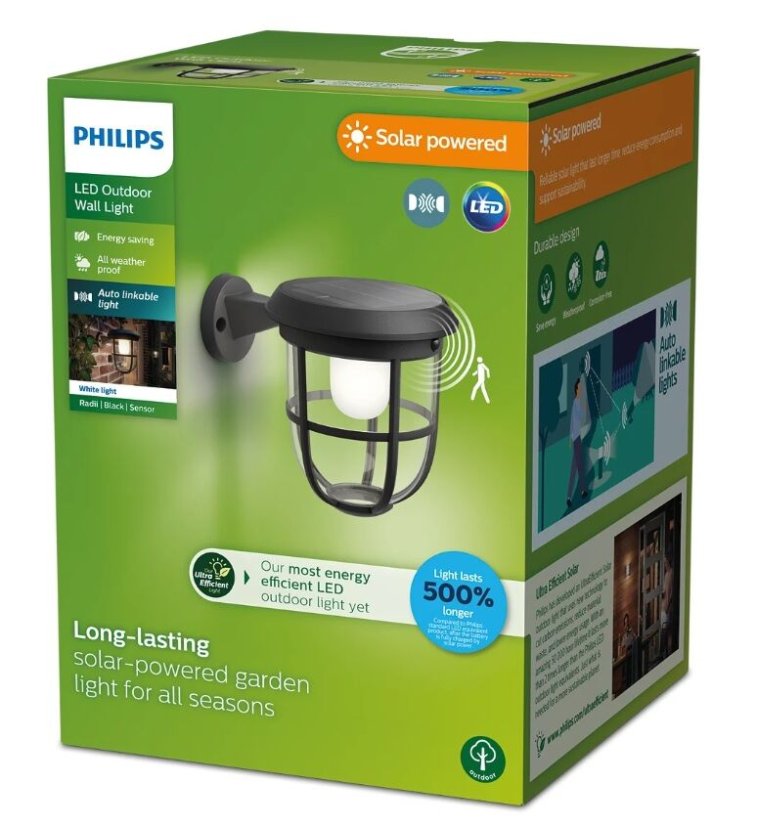 Philips 8720169267176 UltraEfficient Solar Radii solárne nástenné svietidlo so senzorom PIR LED 1,3W/250lm 3000K IP44 čierna