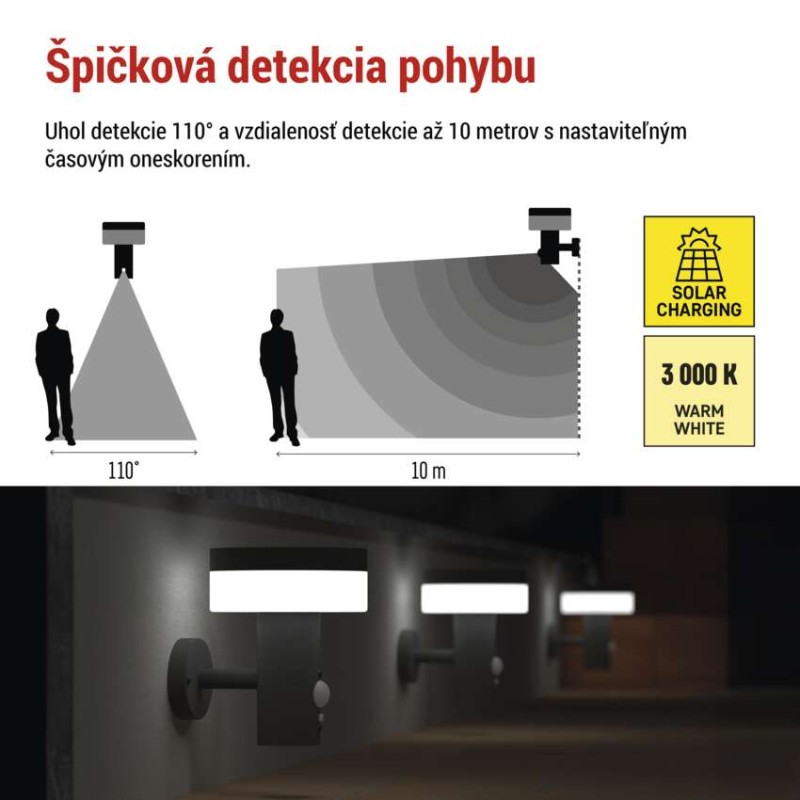 EMOS ZGJ044S TERION solárne nástenné exteriérové svietidlo LED 147 × 125 × 146 2W 200lm 3000K IP44 so senzorom antracit