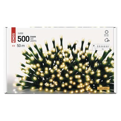 D4AW06 EMOS CLASSIC vánoční řetěz 500 LED, zelený drát, 50m, časovač, teplá bílá, IP44