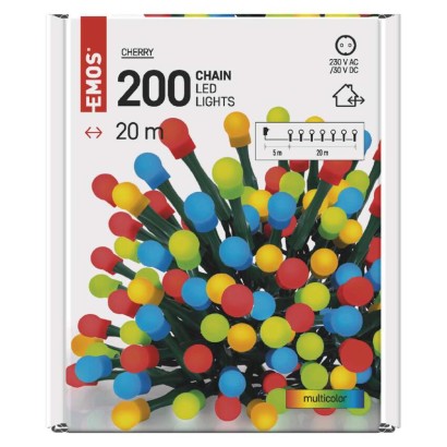 D5AM03 EMOS CHERRY vánoční řetěz Cherry 200 LED, zelený drát, 20m, časovač, multicolor, IP44