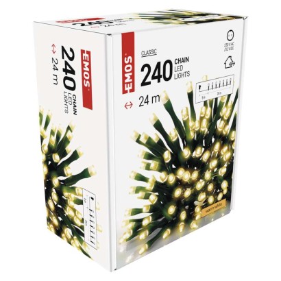 D4AW05 EMOS CLASSIC vánoční řetěz 240 LED, zelený drát, 24m, časovač, teplá bílá, IP44
