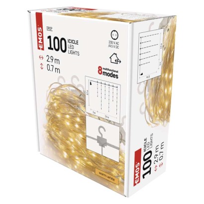 D3CW02 EMOS DROP dekorační řetěz - rampouchy 100 LED 2,9m teplá bílá, 8 módů, IP44