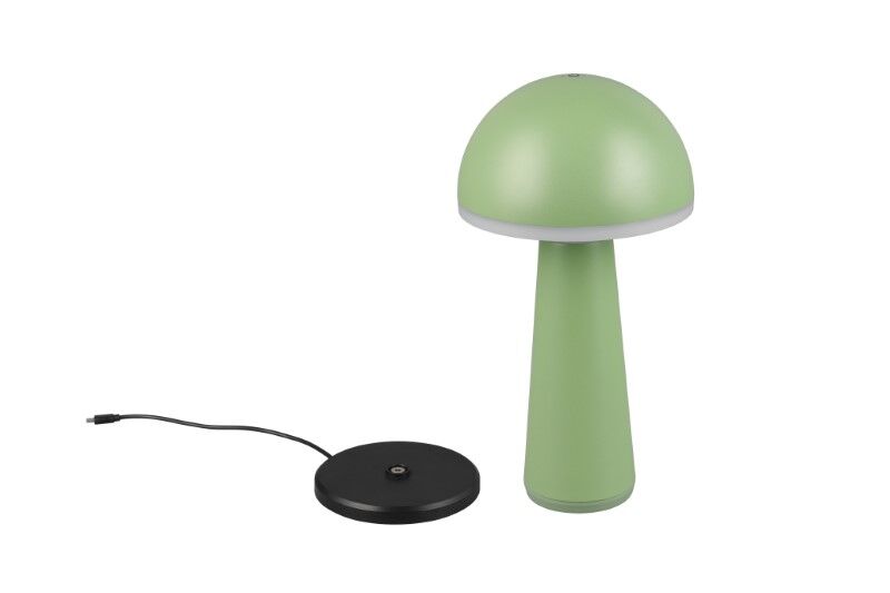 TRIO Reality R57716149 FUNGO venkovní stolní lampa SMD LED V310mm 2W/200lm 3000+4000+6500K IP54 pistáciová, černá, nabíjecí baterie, USB-C port, nabíjecí stanice