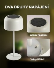 Immax 08497L CARO vonkajšia solárna stolová lampa LED 4W 150lm 2700K-3000K IP 44, biela, dotykové ovládanie, nočné podsvietenie, solárne, stmievateľné