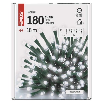D4AC04 EMOS CLASSIC vánoční řetěz 180 LED, zelený drát, 18m, časovač, studená bílá, IP44