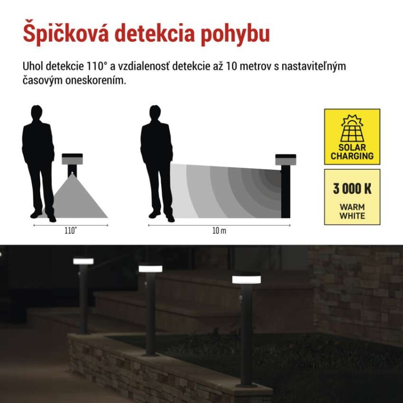 EMOS ZGJ0B4S TERION solární venkovní stojanové svítidlo/sloupek LED 125 × 125 × 500 2W 200lm 3000K IP44 se senzorem antracit