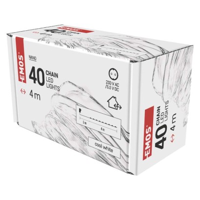 D3AC02 EMOS NANO Vianočná reťaz 40 LED, strieborný drôt, 4m, časovač, studená biela, IP44