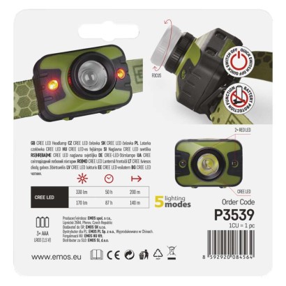 EMOS P3539 LED čelovka 330lm 3× AAA IP43 zeleno-černá