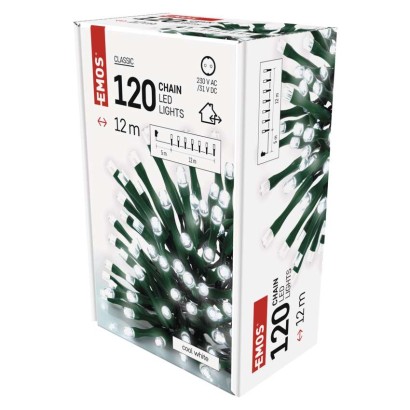 D4AC03 EMOS CLASSIC vánoční řetěz 120 LED, zelený drát, 12m, časovač, studená bílá, IP44