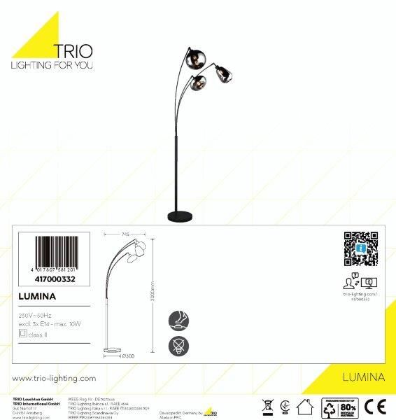 TRIO 417000332 LUMINA stojaca lampa 3xE14 V2000mm čierna matná, chrómová