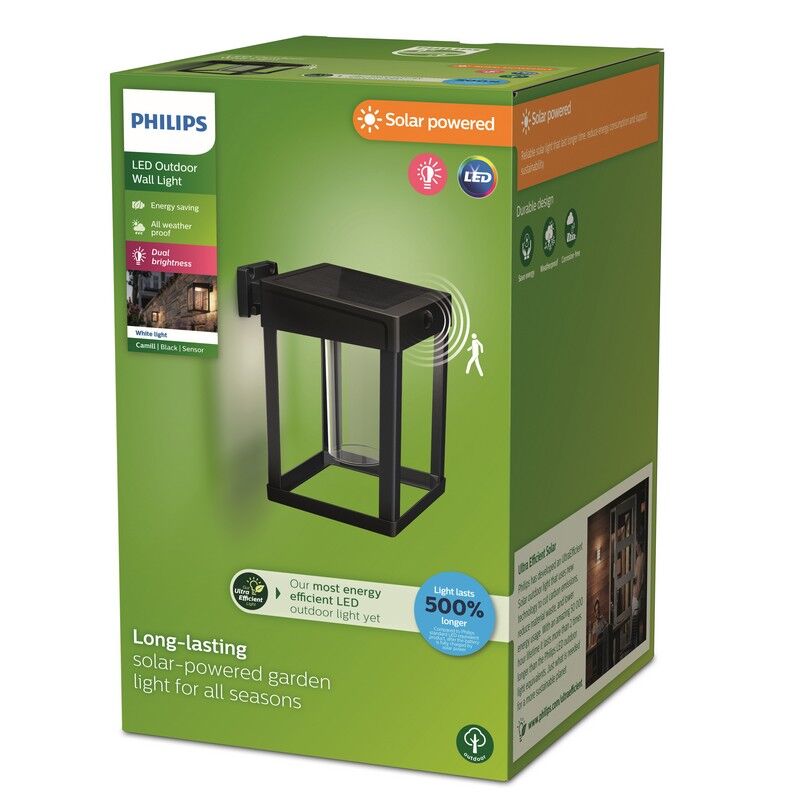 Philips 8720169263918 UltraEfficient Solar Camill solárne nástenné svietidlo so senzorom LED 1,4W 250/25lm 3000K IP44 čierna