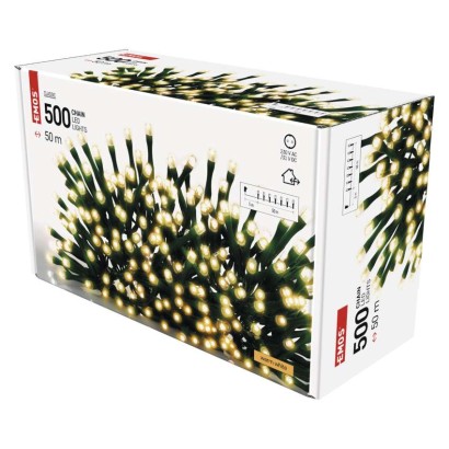 D4AW06 EMOS CLASSIC vánoční řetěz 500 LED, zelený drát, 50m, časovač, teplá bílá, IP44