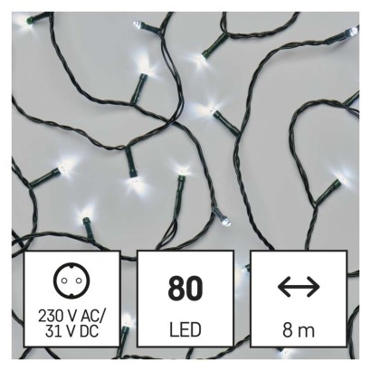 D4AC02 EMOS CLASSIC vánoční řetěz 80 LED 8m zelený drát, časovač, studená bílá, IP44