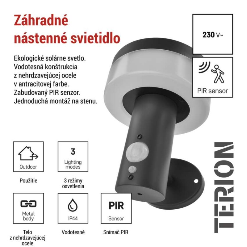 EMOS ZGJ044S TERION solárne nástenné exteriérové svietidlo LED 147 × 125 × 146 2W 200lm 3000K IP44 so senzorom antracit